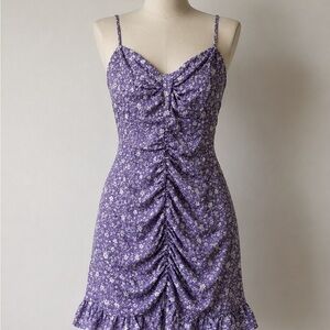 Lush Purple Floral Ruched Spaghetti-Strap Mini Dress